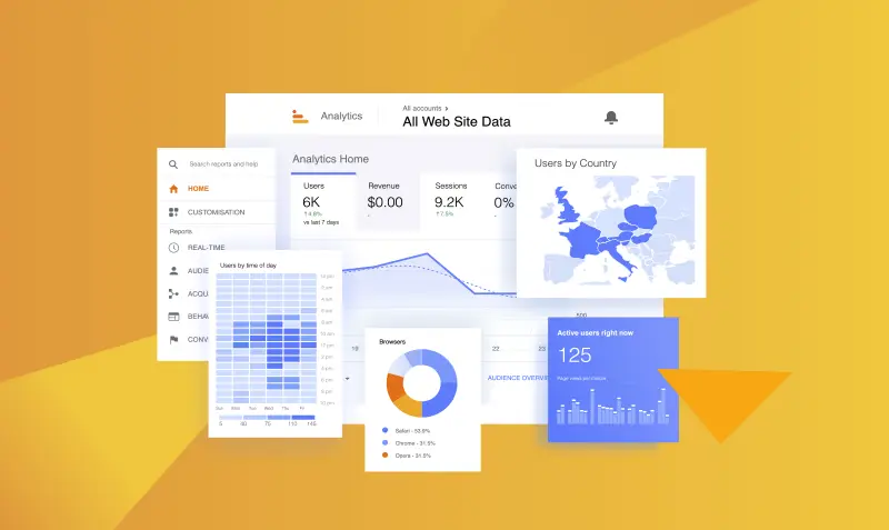 Ilustracja przedstawiająca interfejs narzędzia analitycznego z różnymi wykresami i danymi dotyczącymi ruchu na stronie internetowej, użytkowników według kraju, przeglądarek i aktywności w czasie rzeczywistym, symbolizująca analizę danych na stronie WWW.
