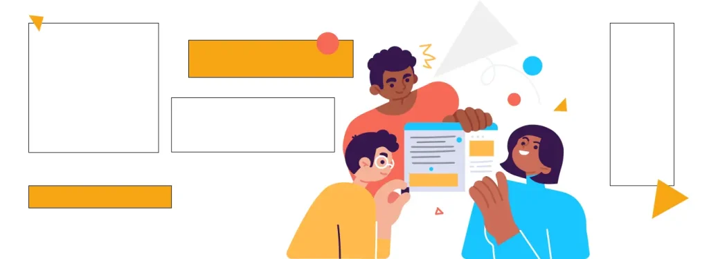 Ilustracja przedstawiająca grupę trzech osób analizujących lub projektujących treść na tablecie, otoczonych pustymi polami i prostokątami, symbolizująca proces tworzenia lub planowania banerów reklamowych.
