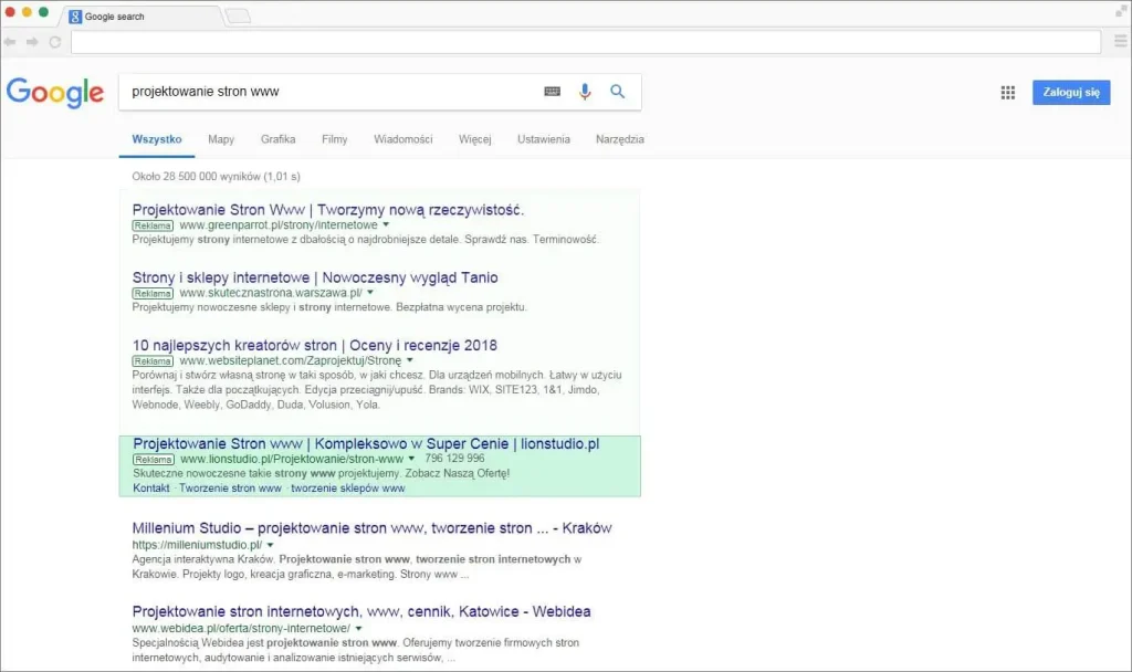 Zrzut ekranu wyników wyszukiwania Google dla frazy "projektowanie stron www" z widocznymi reklamami Google Ads na górze strony, symbolizujący skuteczne wykorzystanie kampanii reklamowych w Google Ads do promowania usług projektowania stron internetowych.