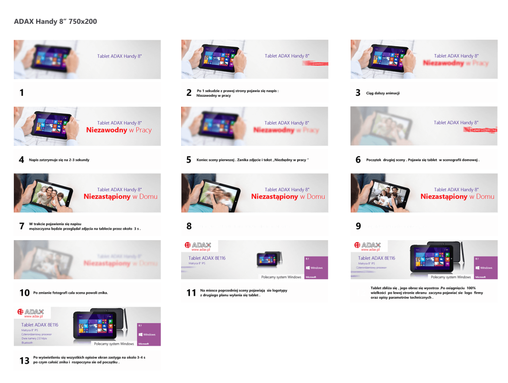 Storyboard przedstawiający kolejne kroki animacji banera reklamowego dla tabletu ADAX Handy 8", z pokazaniem tekstów i obrazów, które pojawiają się w różnych fazach reklamy. Baner prezentuje tablet jako niezawodny w pracy i niezastąpiony w domu.