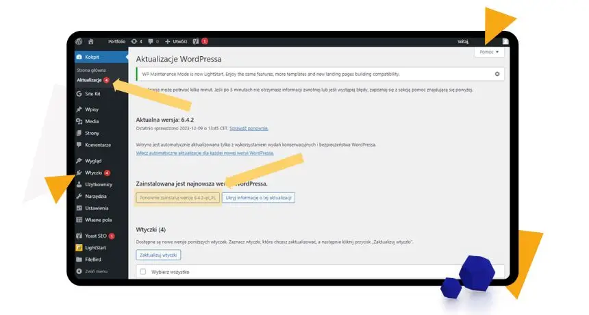 grafika przedstawiająca panel administracyjny strony internetowej WordPress na którym widać jak zaktualizować stronę www