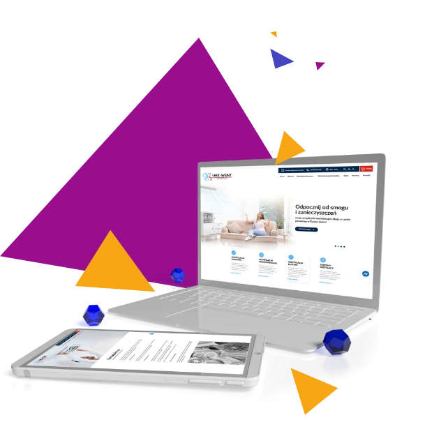 Nowoczesny projekt strony internetowej wyświetlany na laptopie i tablecie – responsywny design, przejrzysty układ i profesjonalna estetyka.