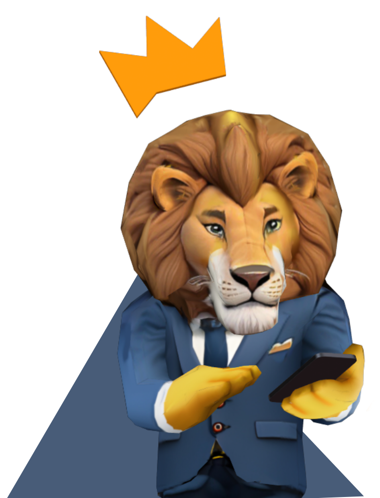 Maskotka Lionstudio.pl - lew trzymającym telefon i przeglądający stronę internetową