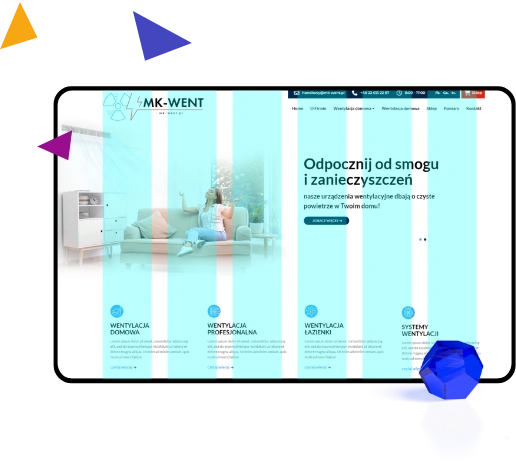 Projekt strony internetowej MK-WENT prezentujący ofertę systemów wentylacyjnych – nowoczesny design, intuicyjny układ i responsywność.