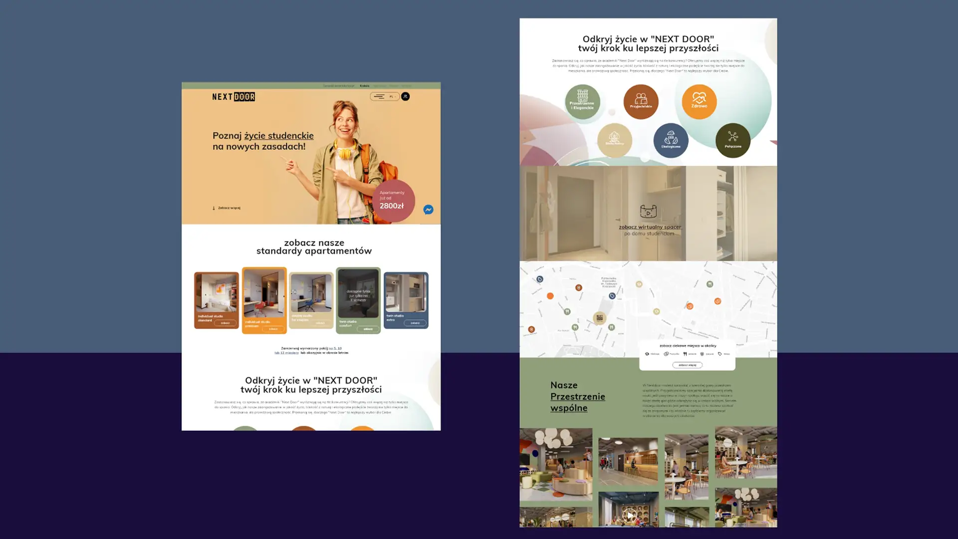 Dwa ekrany prezentujące projekt strony internetowej 'NEXT DOOR' dotyczącej wynajmu mieszkań studenckich.