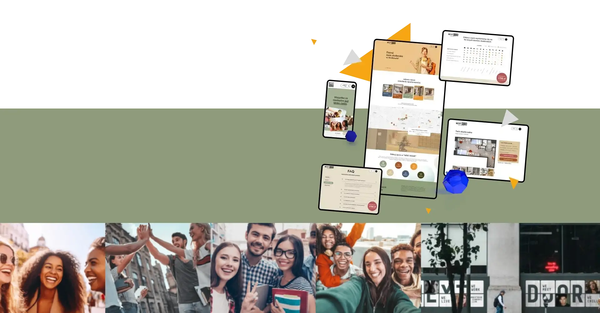 Kompozycja graficzna przedstawiająca projekt strony internetowej 'NEXT DOOR