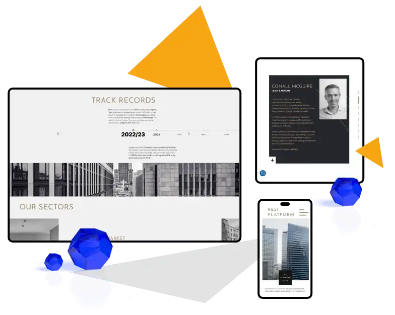 Zestaw przykładowych widoków strony internetowej RESI PLATFORM, obejmujący sekcję historii transakcji (track records), profil partnera oraz responsywny wygląd na urządzeniach mobilnych. Układ graficzny utrzymany w minimalistycznym stylu z czarno-białymi zdjęciami i akcentami kolorystycznymi