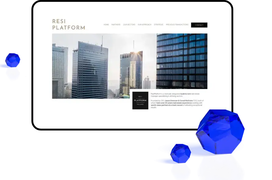 Widok przykładowego projektu strony internetowej RESI PLATFORM prezentującej nieruchomości komercyjne z nowoczesnymi biurowcami oraz minimalistycznym układem treści, na białym tle