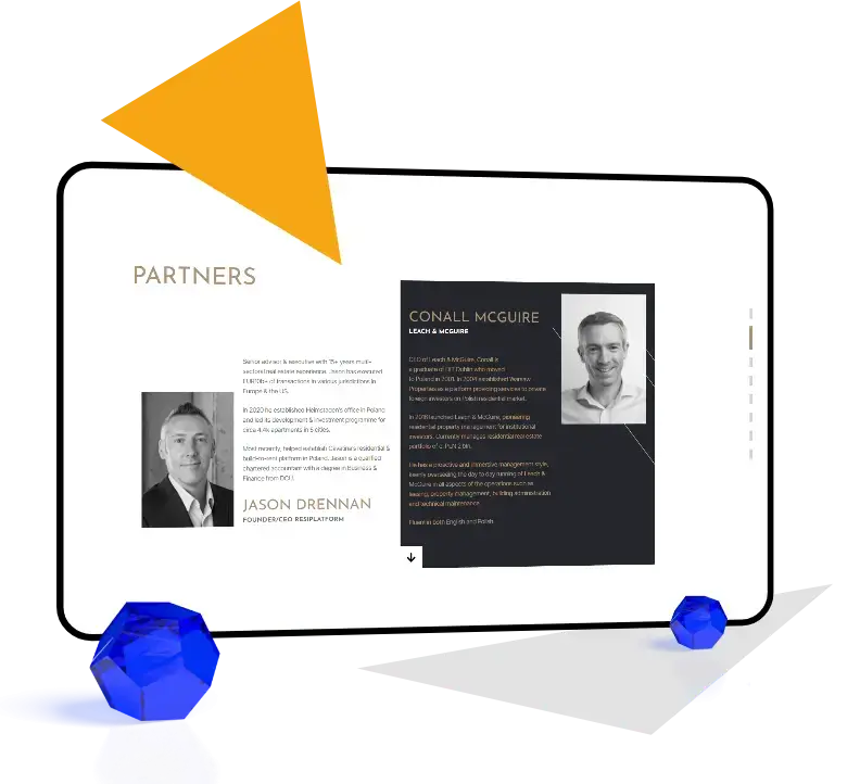 Przykładowa sekcja strony internetowej RESI PLATFORM prezentująca profil partnerów biznesowych wraz ze zdjęciami portretowymi, krótkimi biografiami oraz nowoczesnym układem graficznym z kontrastującymi elementami dekoracyjnymi