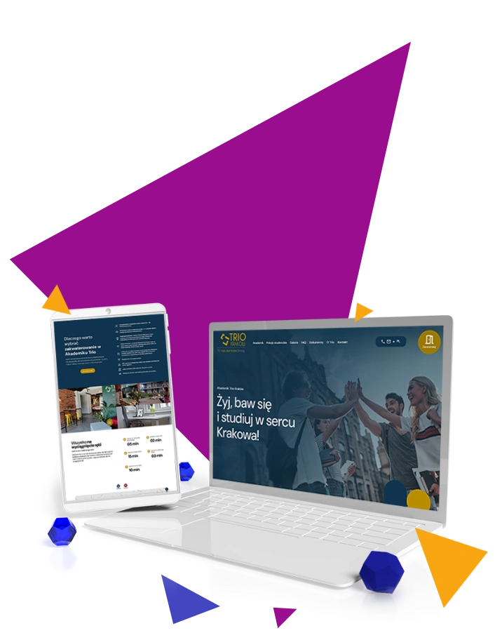 Grafika przedstawiająca responsywny design strony Akademika Trio – projekt zoptymalizowany pod urządzenia mobilne i desktopowe. Nowoczesny UX/UI dla wygodnej nawigacji i intuicyjnej rezerwacji
