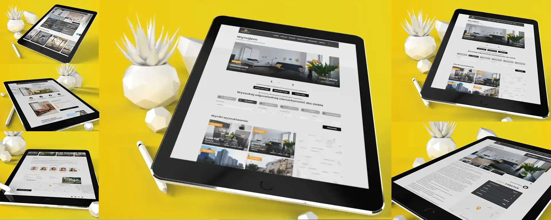 Wynajem nieruchomości online - strona internetowa na tabletach. Oferty mieszkań i domów na wynajem. Interfejs serwisu z listą nieruchomości, mapą i detalami oferty. Projekt strony internetowej dla agencji nieruchomości.