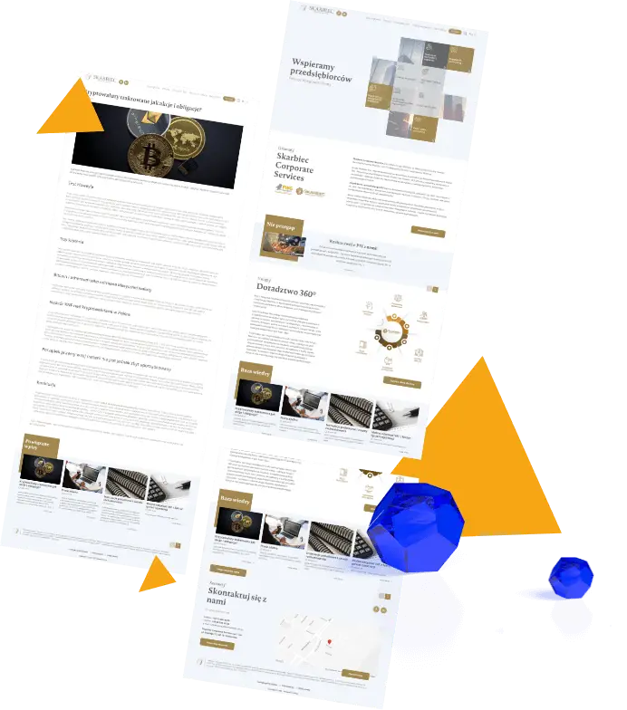 Przegląd strony Skarbiec: usługi doradztwa biznesowego, artykuły o kryptowalutach i finanse firmowe