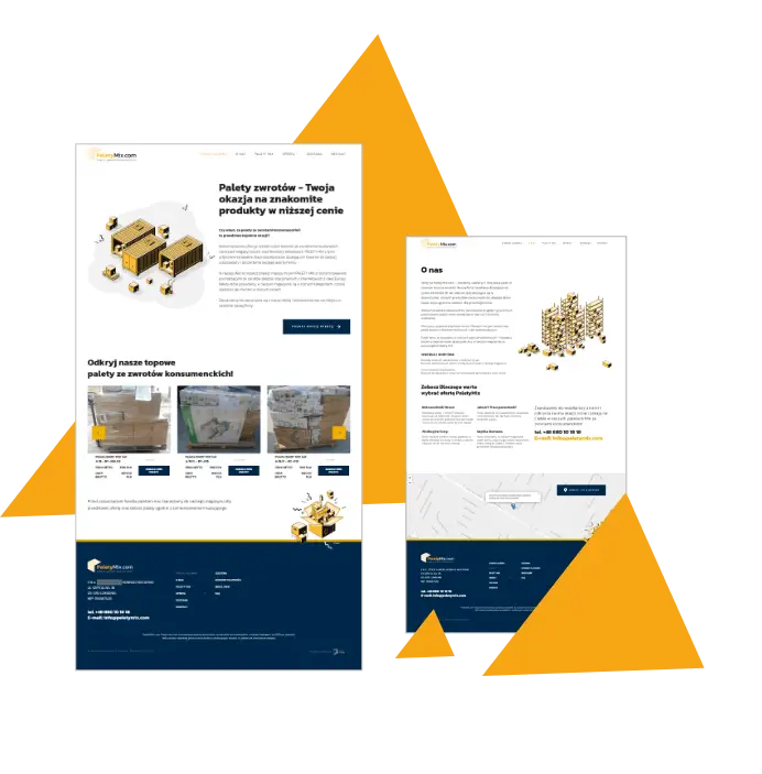 Zrzuty ekranu prezentujące projekt strony internetowej PaletyMix.com. Widoczne są sekcje główne i 'O nas', prezentujące ofertę palet zwrotów konsumenckich oraz dane kontaktowe firmy. Profesjonalny projekt strony internetowej dla firmy z Warszawy oferującej palety mix.