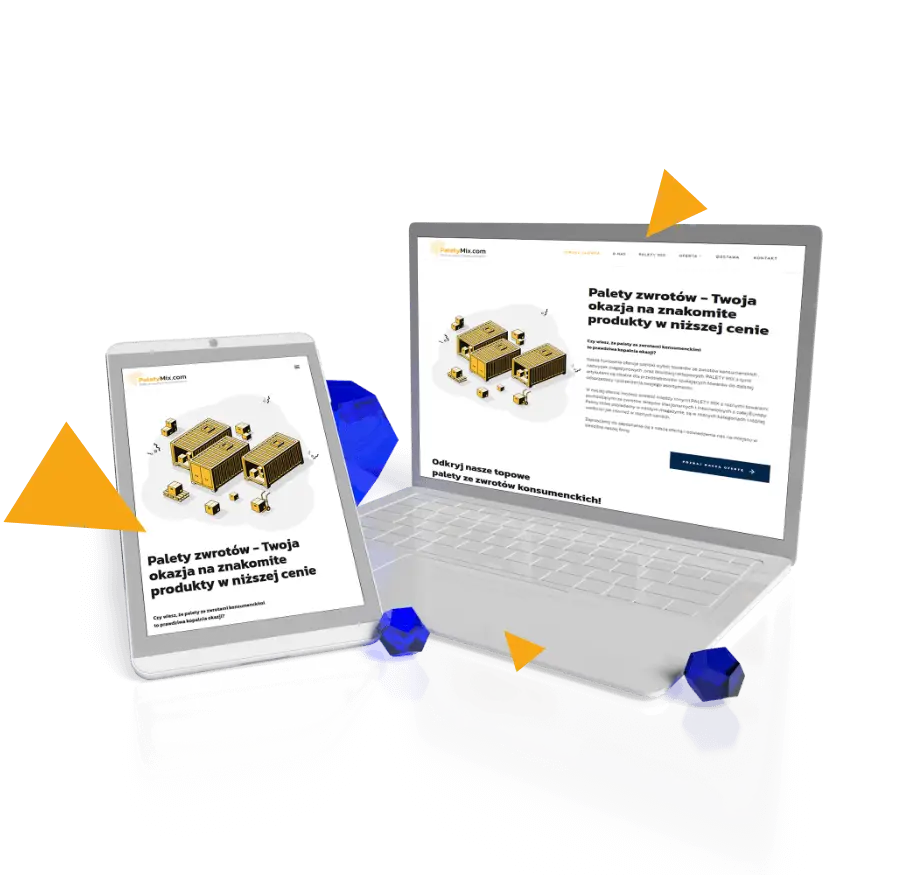 Ekrany laptopa i tabletu z projektem strony www PaletyMix.com oferującą palety zwrotów konsumenckich z elektroniką i produktami w obniżonej cenie. Obrazek promuje okazje na tanie produkty z palet mix.