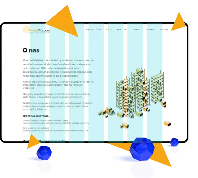 Zrzut ekranu strony 'O nas' z witryny PaletyMix.com, przedstawiający opis firmy jako zaufanego dostawcy palet zwrotów konsumenckich i hurtowej sprzedaży artykułów. Widoczne menu nawigacyjne i grafika magazynu
