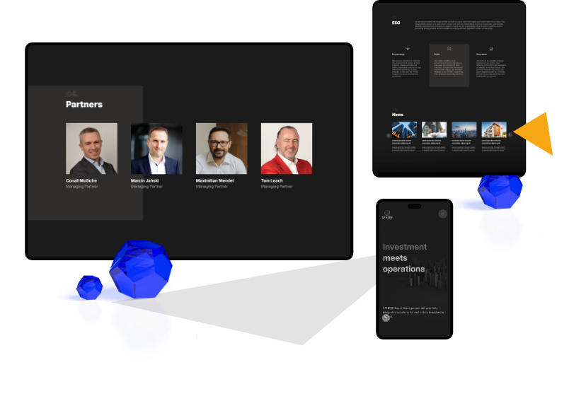 Prezentacja projektu strony internetowej – kilka widoków sekcji serwisu biznesowego na ciemnym tle z akcentami w kolorze żółtym