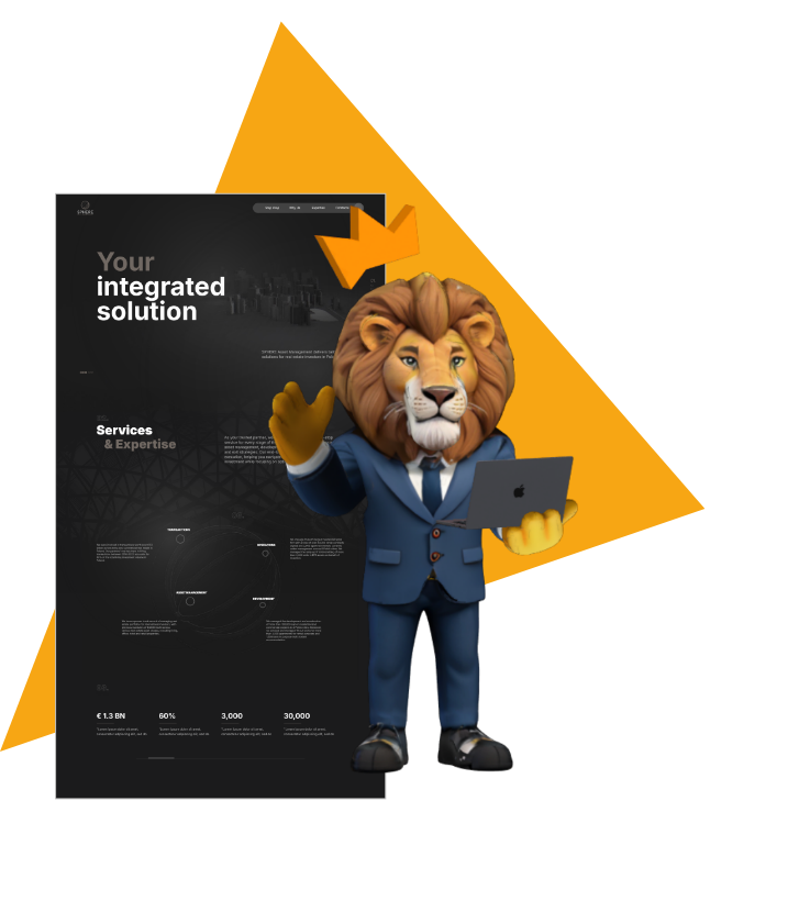 Makieta strony firmowej z postacią lwa w garniturze trzymającego laptop – profesjonalny layout usług biznesowych