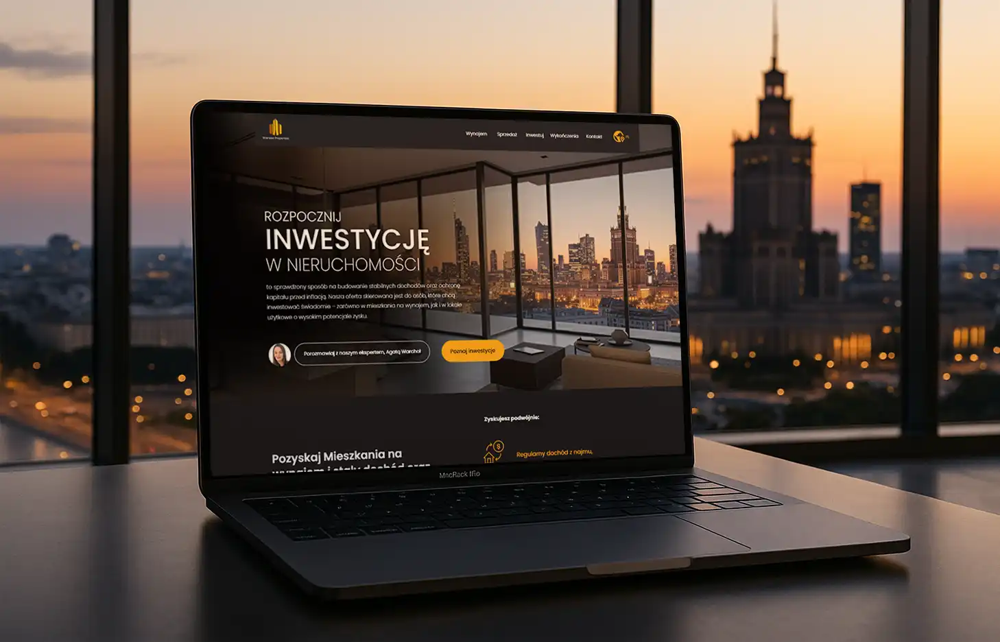 Nowoczesna strona o inwestowaniu w mieszkania na wynajem w Warszawie – mockup w apartamencie