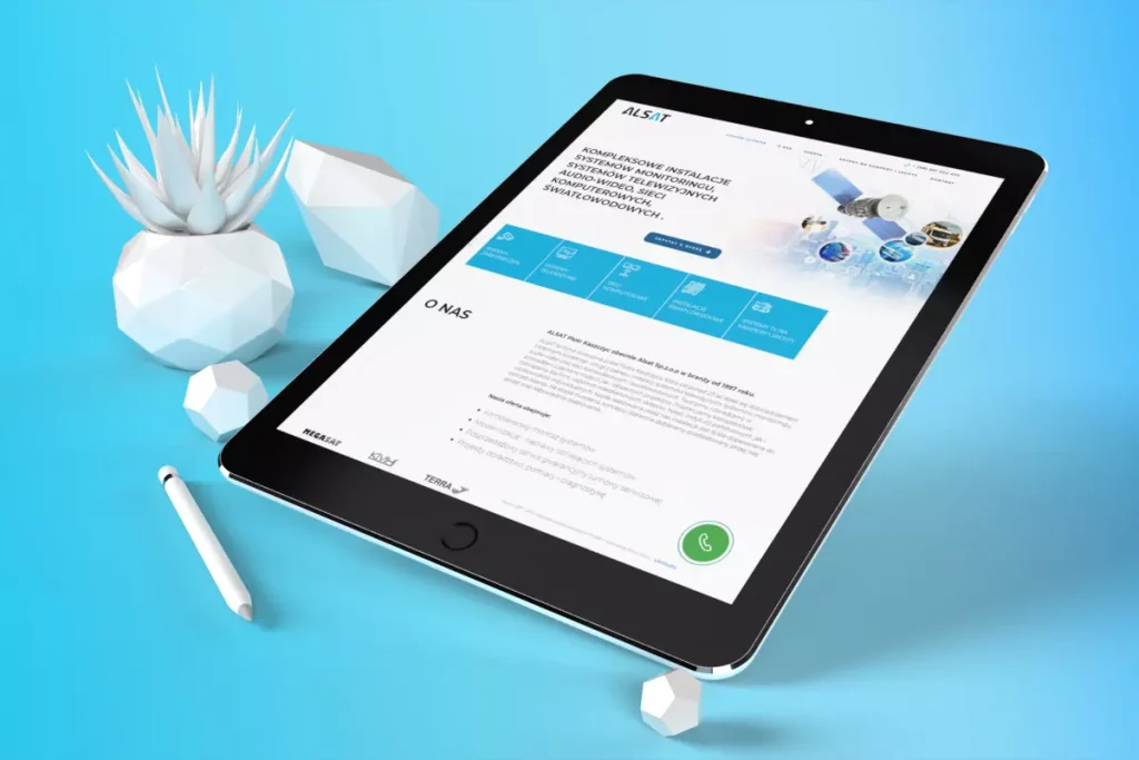 Strona www usług teletechnicznych na iPadzie — instalacje telewizyjne i sieci internetowe dla domu i firmy