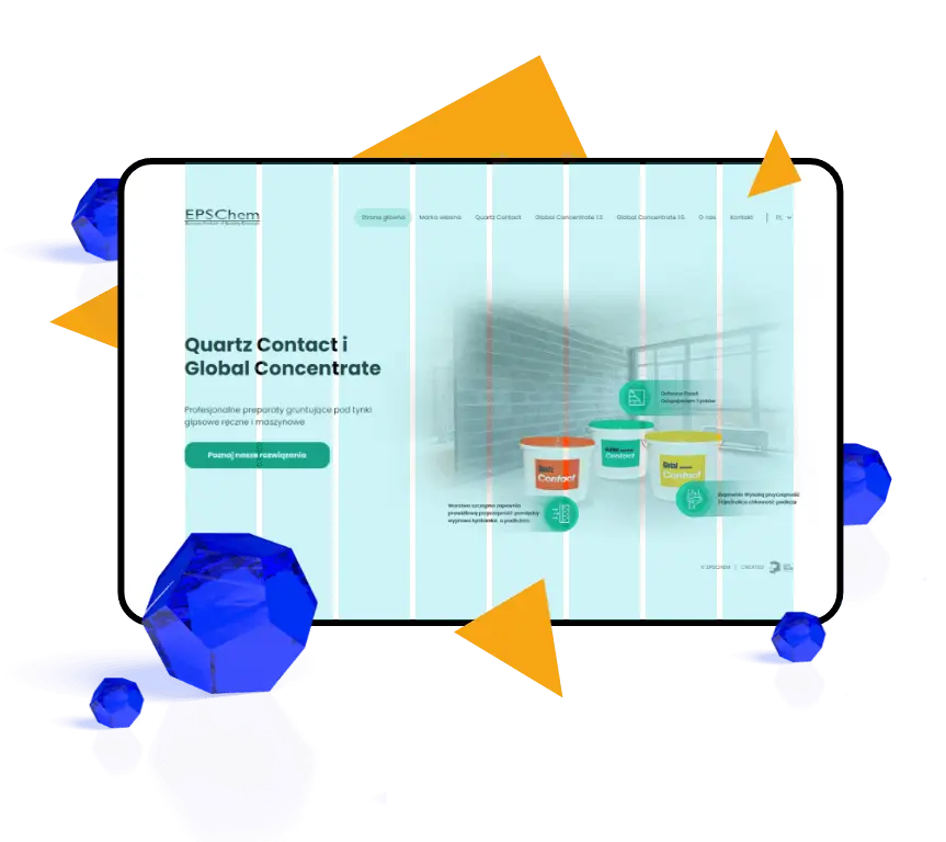 Mockup strony głównej EPSChem wyświetlony na tablecie, prezentujący ofertę preparatów gruntujących Quartz Contact i Global Concentrate.
