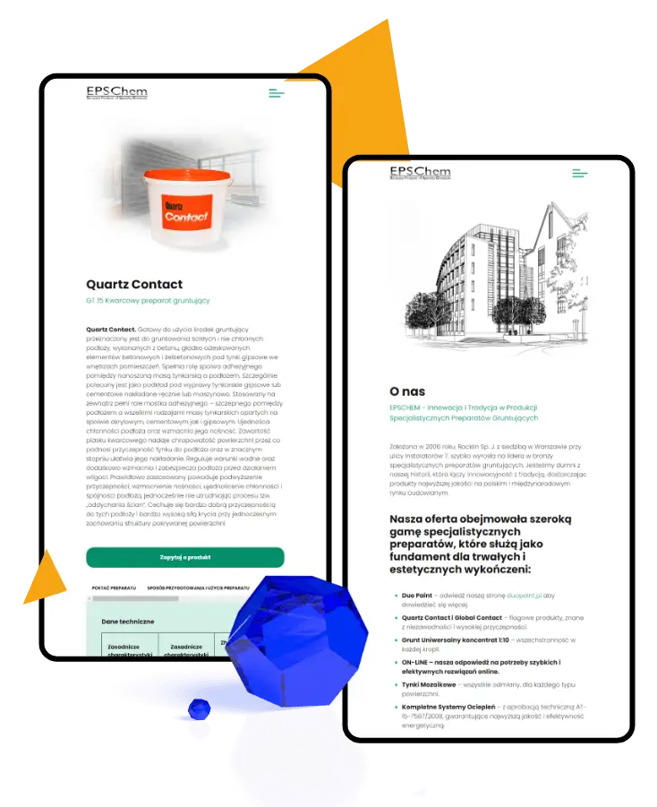 Wersja mobilna strony internetowej – mobile first design. Widok karty produktu i zakładki o firmie w realizacji dla EPSChem.