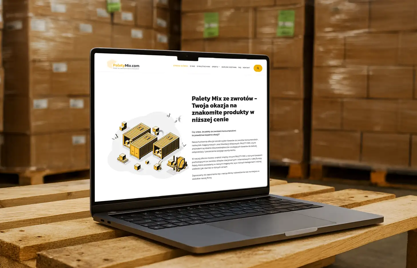 Laptop stojący na drewnianej palecie wyświetlający stronę główną serwisu PaletyMix.com z ofertą palet ze zwrotów.