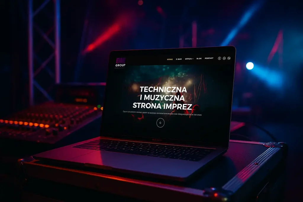 Mockup strony Dil Group na laptopie backstage na scenie z efektami świetlnymi — techniczna obsługa imprez i koncertów