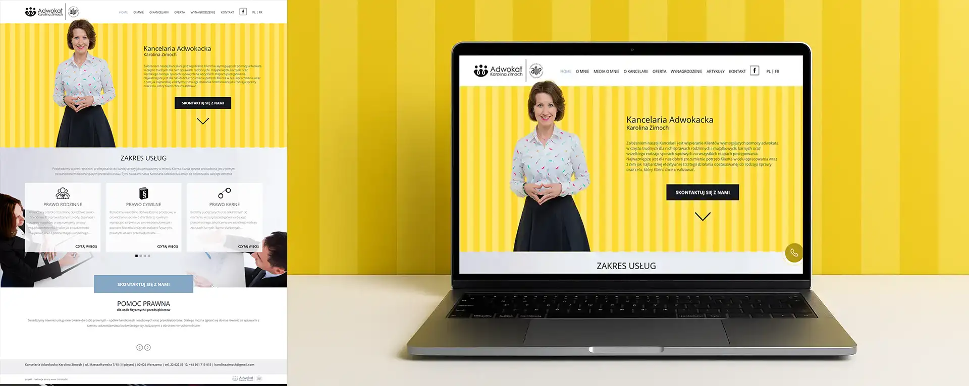 Strona główna Kancelarii Adwokackiej Karolina Zimoch. Sekcja powitalna z wizerunkiem adwokata na żółtym tle oraz menu nawigacyjnym.