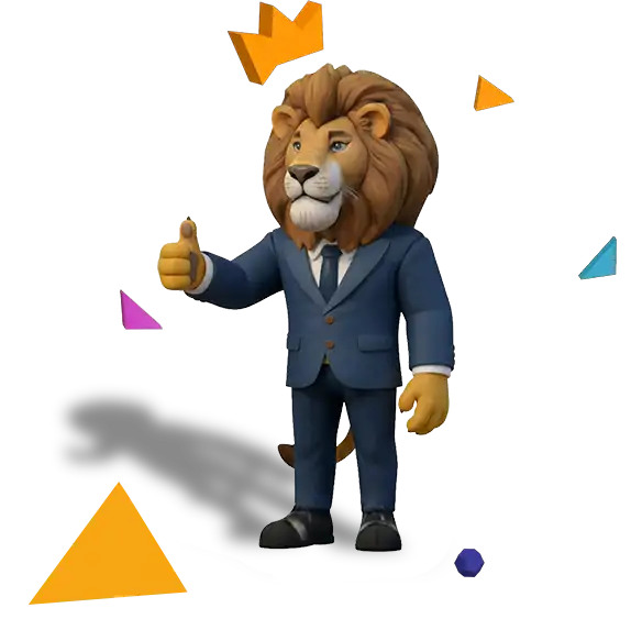 Maskotka Lionstudio - Lew w garniturze z kciukiem w górę