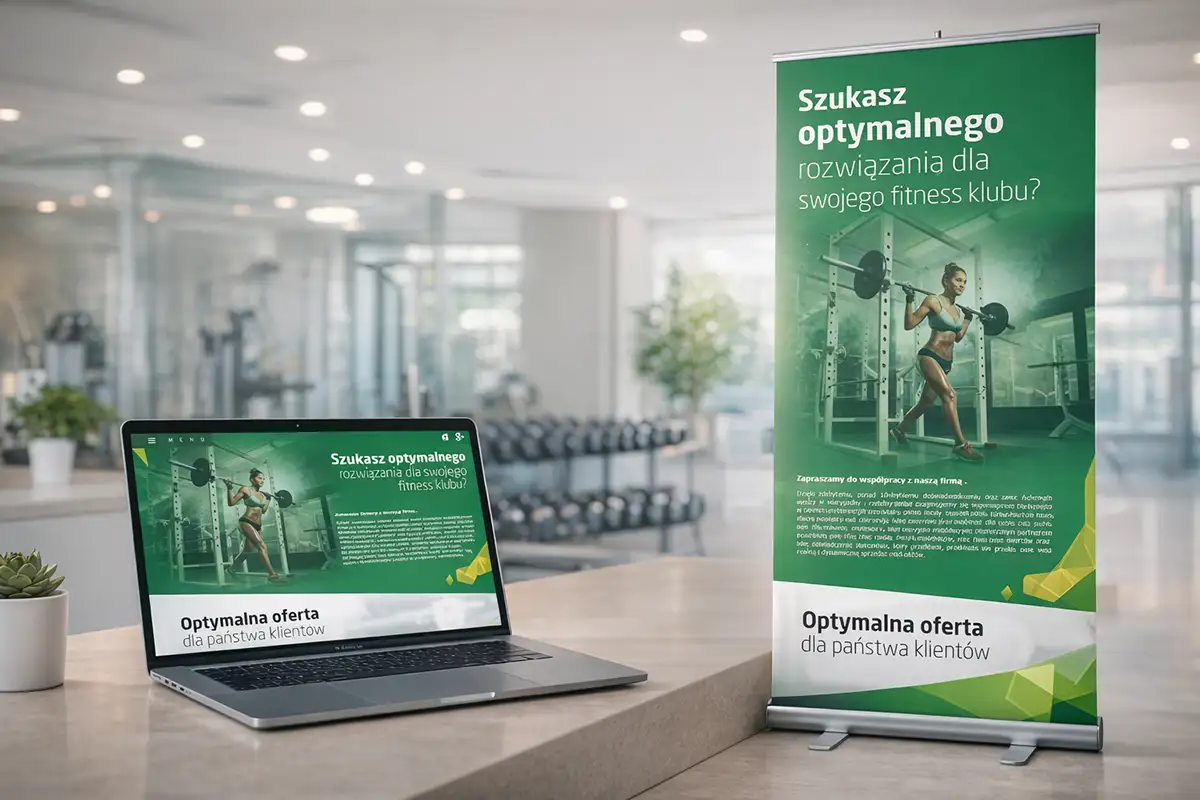 Laptop i baner w siłowni.