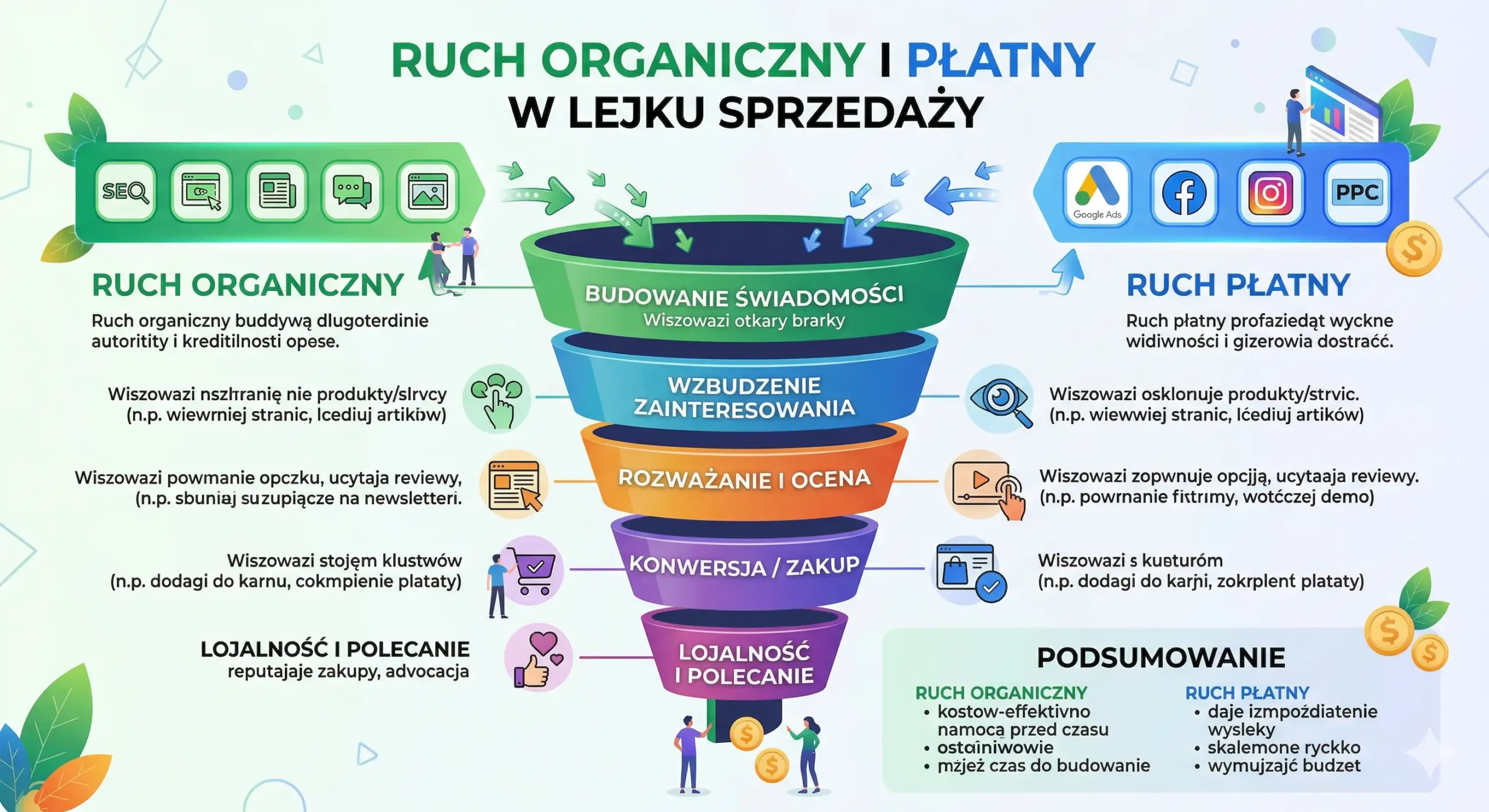 nfografika przedstawiająca ruch organiczny i płatny w lejku sprzedaży. Porównanie strategii SEO i PPC na etapach budowania świadomości, zainteresowania, rozważania, konwersji oraz lojalności klienta.