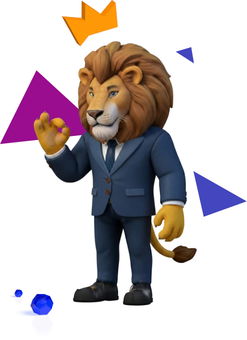 Lew Lio – maskotka Lion Studio – elegancki lew w garniturze, symbolizujący profesjonalizm i kreatywność w projektowaniu stron internetowych.