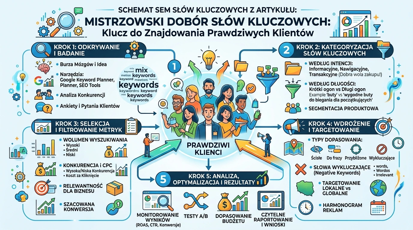 Schemat słów kluczowych w marketingu wyszukiwarkowym.