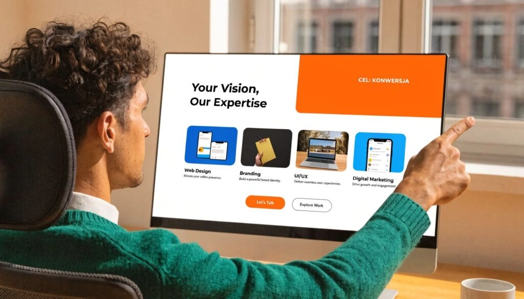 Mężczyzna w zielonym swetrze wskazuje palcem na monitor komputera z nowoczesną stroną lądową firmy zajmującej się marketingiem.