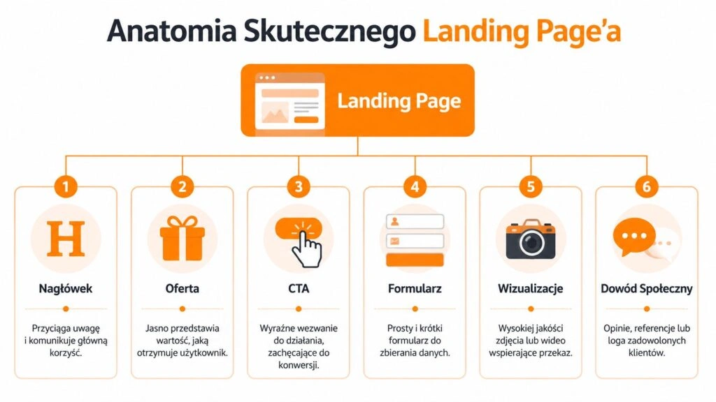 Grafika przedstawiająca sześć kluczowych elementów składających się na anatomię skutecznego landing page'a w formie czytelnego schematu.