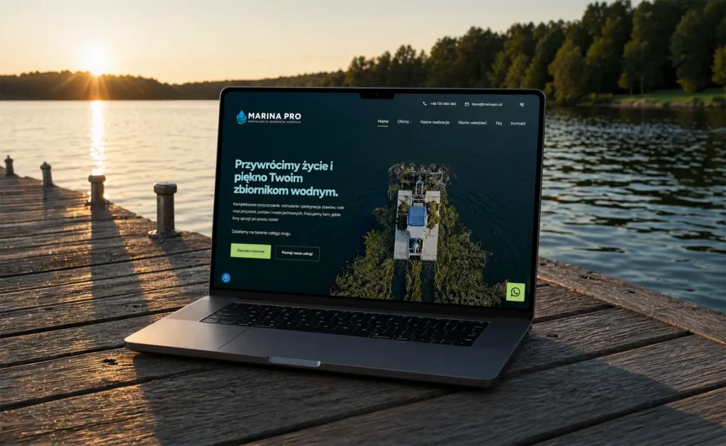 Nowoczesny laptop stojący na drewnianym pomoście nad jeziorem o zachodzie słońca, z wyświetloną stroną Marina Pro dotyczącą rewitalizacji zbiorników wodnych. Elegancki mockup strony internetowej w naturalnym plenerze, jezioro i las w tle.