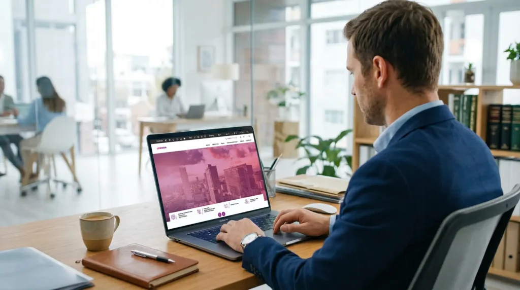 Nowoczesna strona internetowa kancelarii prawnej przeglądana na laptopie w biurze – budowanie zaufania online