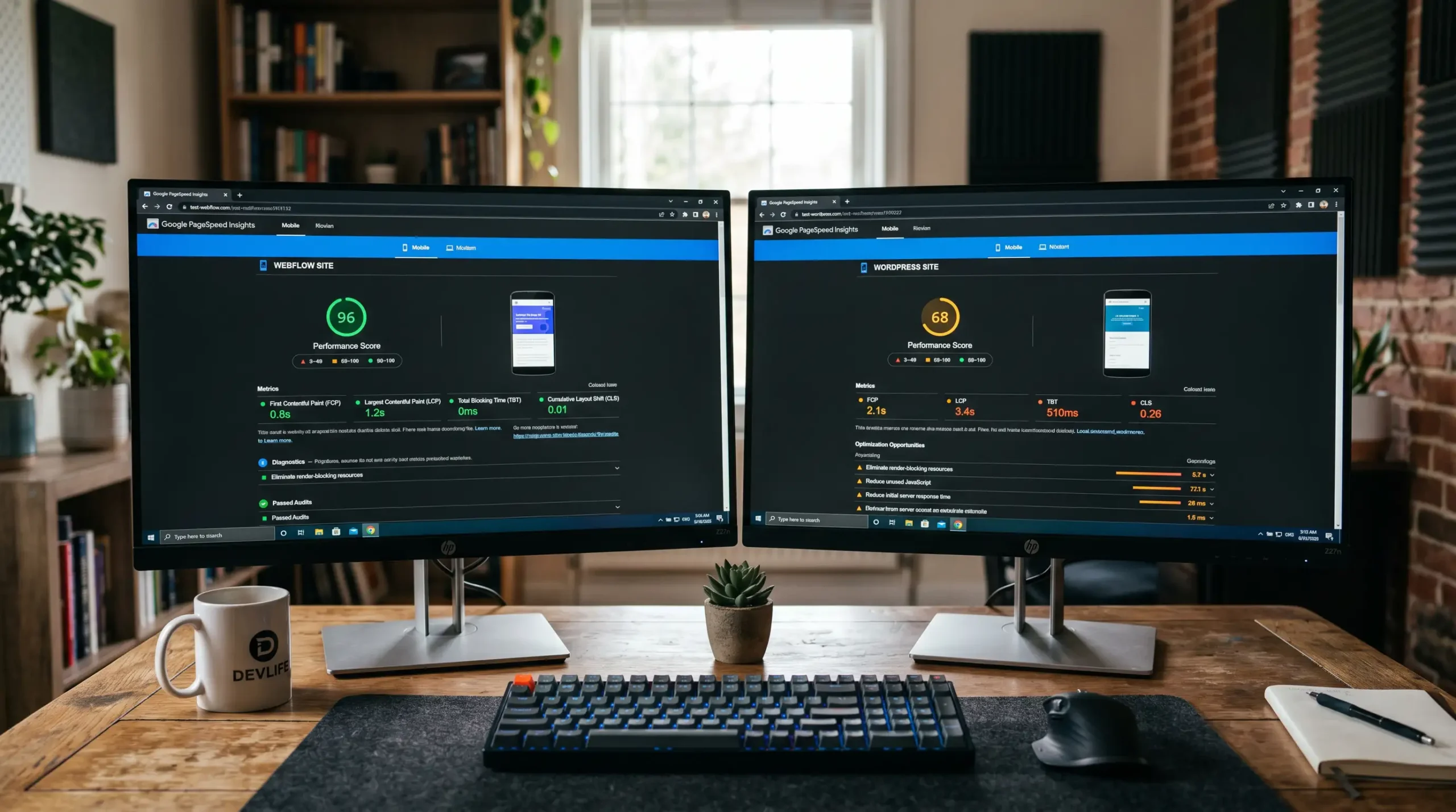 Porównanie wyników wydajności w Google PageSpeed Insights dla strony na Webflow i WordPress. Alt: Wyniki wydajności Webflow vs WordPress w Google PageSpeed.