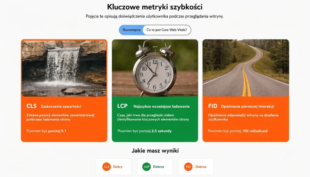 Infografika przedstawiająca kluczowe wskaźniki szybkości witryny Core Web Vitals, w tym CLS, LCP oraz FID z opisami.