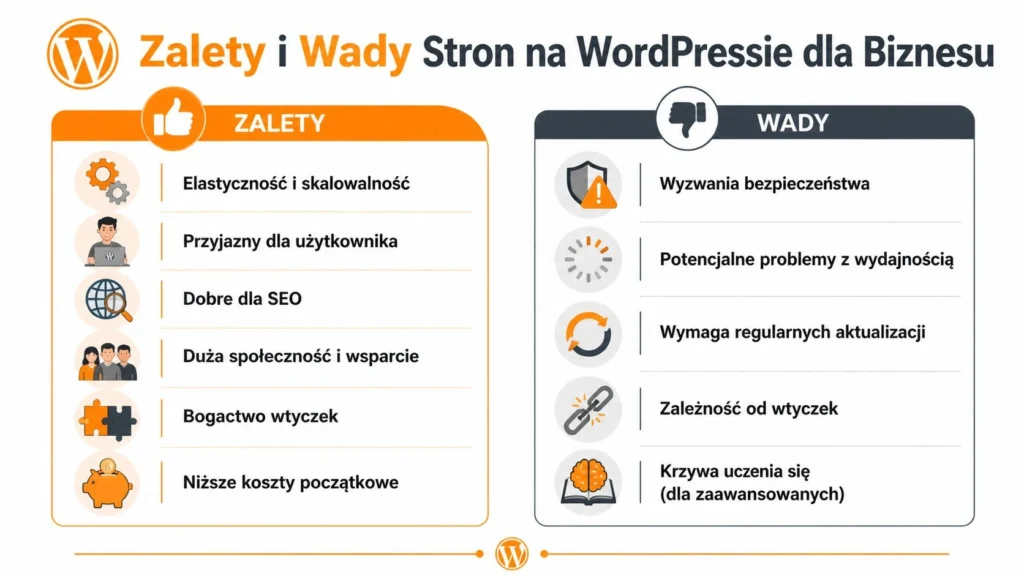 Infografika przedstawiająca zestawienie zalet i wad korzystania z platformy WordPress do tworzenia stron internetowych dla firm.