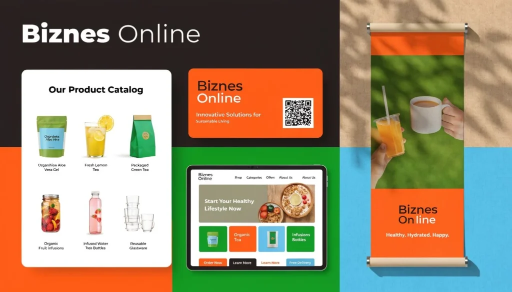 Zestaw materiałów brandingowych marki Biznes Online obejmujący katalog produktów, stronę internetową na tablecie oraz pionowy baner reklamowy.