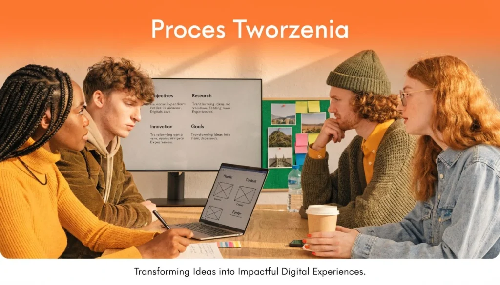 Zespół młodych profesjonalistów współpracuje przy biurku nad tworzeniem projektów stron internetowych w nowoczesnym biurze.